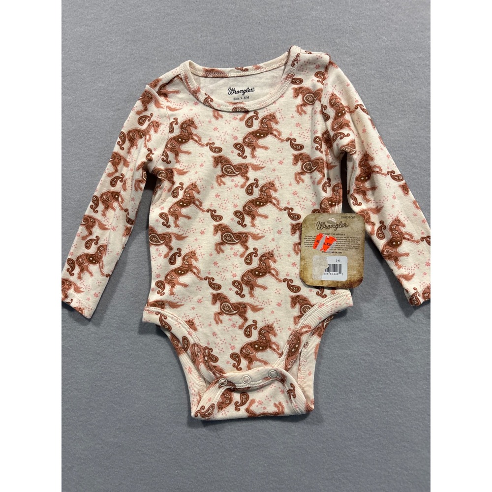 Wrangler Baby Girls Paisley Horse Print Long Sleeve Bodysuit 3-6M Cream Brown